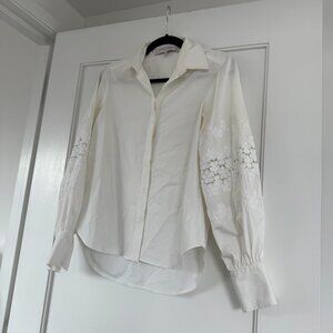 Carolina Herrera Button Front Blouse White Embroidered Puff Sleeves Cotton Sz 4